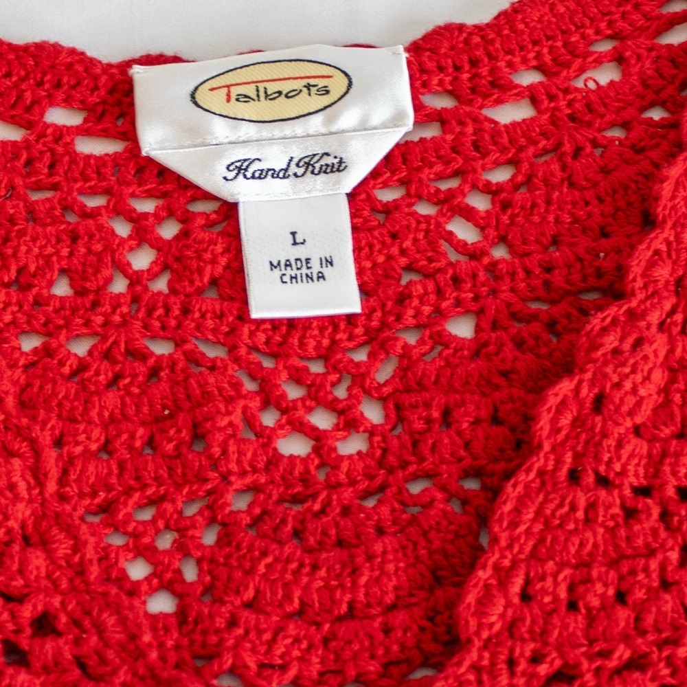 Talbots Hand Knit Red Crochet Button Closure Women’s Short Sleeve Top Size Large - Picture 6 of 11